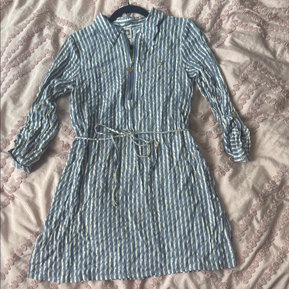 Anne Klein Blue and White Long Sleeve A-Line Dress